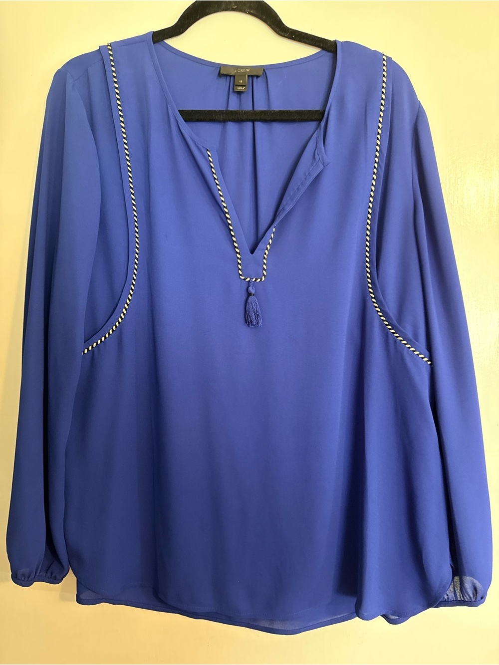 J. Crew Cobalt Blue Split-Neck Tassel Blouse